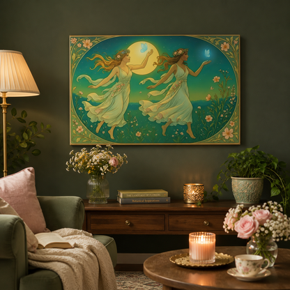 Gemini Zodiac Wall Art, Art Nouveau Gemini Canvas Print, Astrology Home Decor, Gemini Gift for Her, Celestial Twins Painting, Star Sign Wall Decor
