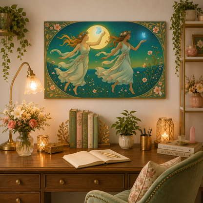 Gemini Zodiac Wall Art, Art Nouveau Gemini Canvas Print, Astrology Home Decor, Gemini Gift for Her, Celestial Twins Painting, Star Sign Wall Decor