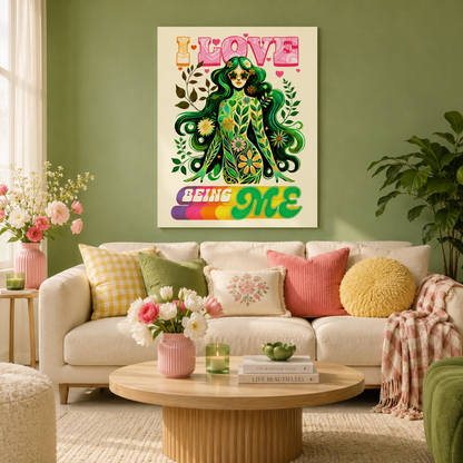 I LOVE BEING ME – Retro Self-Love Flower Power Wall Art on Eco-friendly Canvas