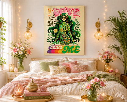 I LOVE BEING ME – Retro Self-Love Flower Power Wall Art on Eco-friendly Canvas