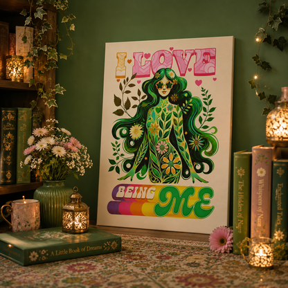 I LOVE BEING ME – Retro Self-Love Flower Power Wall Art on Eco-friendly Canvas
