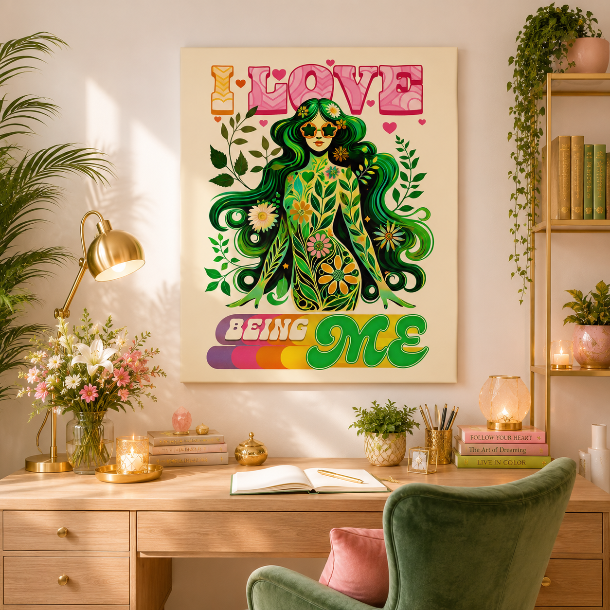 I LOVE BEING ME – Retro Self-Love Flower Power Wall Art on Eco-friendly Canvas