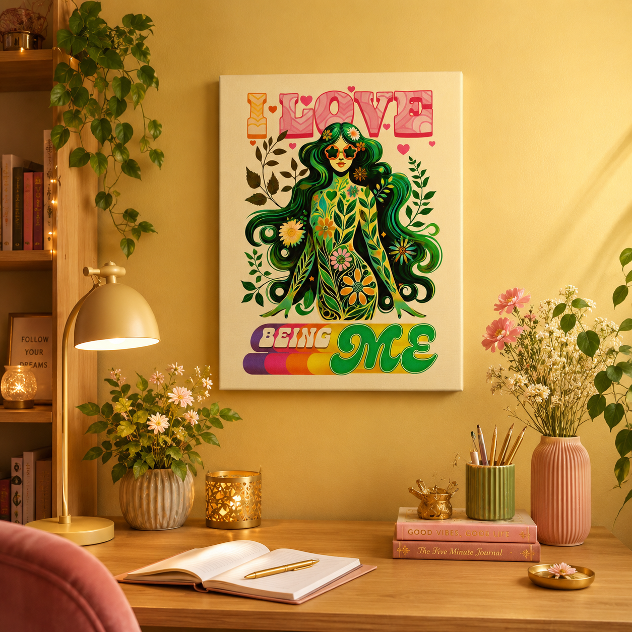 I LOVE BEING ME – Retro Self-Love Flower Power Wall Art on Eco-friendly Canvas