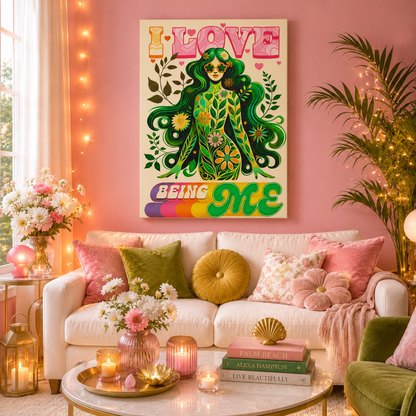 I LOVE BEING ME – Retro Self-Love Flower Power Wall Art on Eco-friendly Canvas
