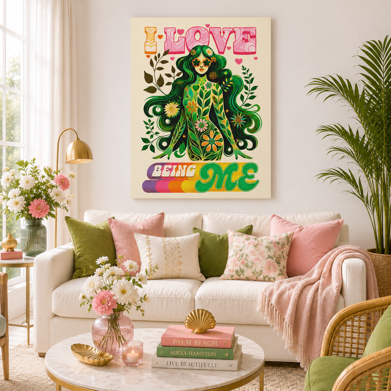 I LOVE BEING ME – Retro Self-Love Flower Power Wall Art on Eco-friendly Canvas
