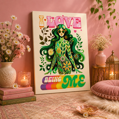 I LOVE BEING ME – Retro Self-Love Flower Power Wall Art on Eco-friendly Canvas