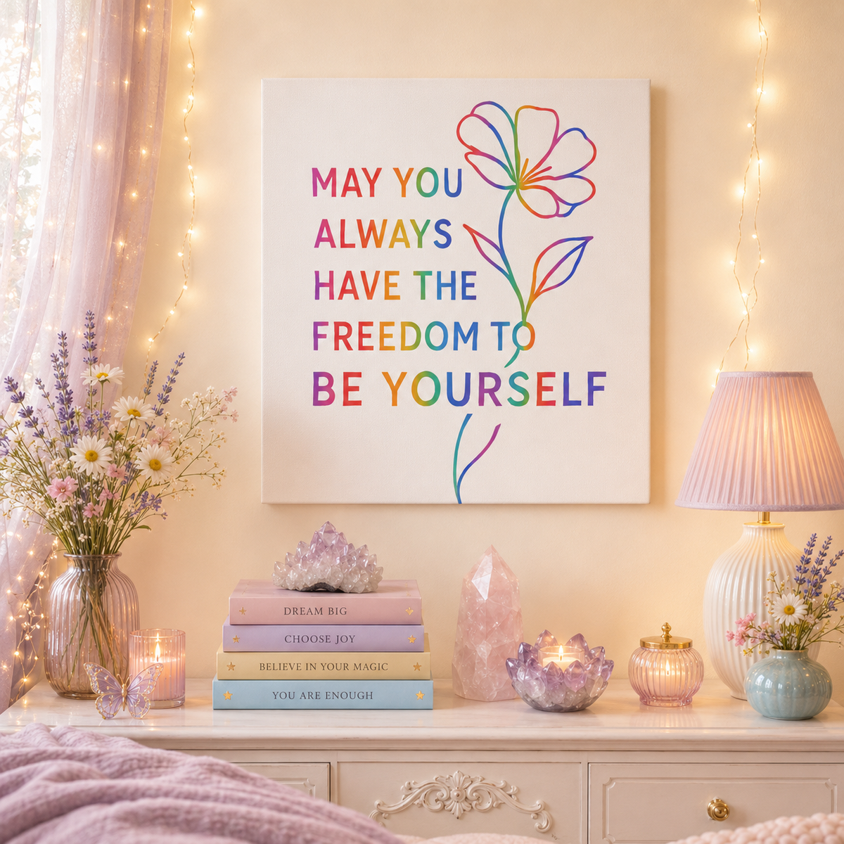 May You Always Have the Freedom to Be Yourself – Rainbow Affirmation Canvas Wall Art