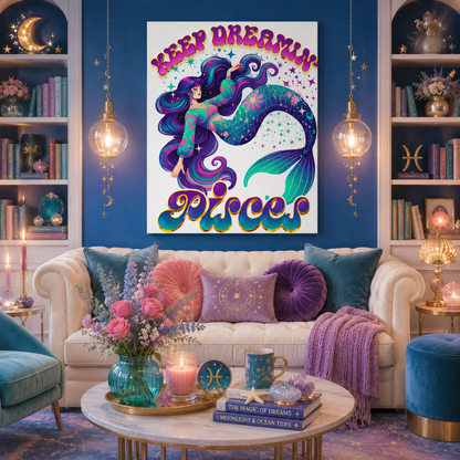 Keep Dreamin’ Pisces Mermaid – Retro Rainbow Zodiac Canvas Wall Art