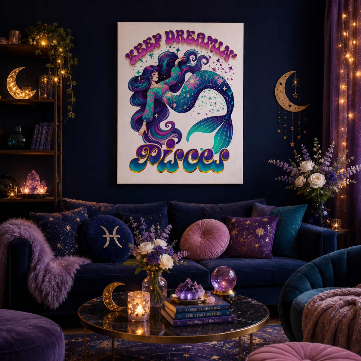 Keep Dreamin’ Pisces Mermaid – Retro Rainbow Zodiac Canvas Wall Art