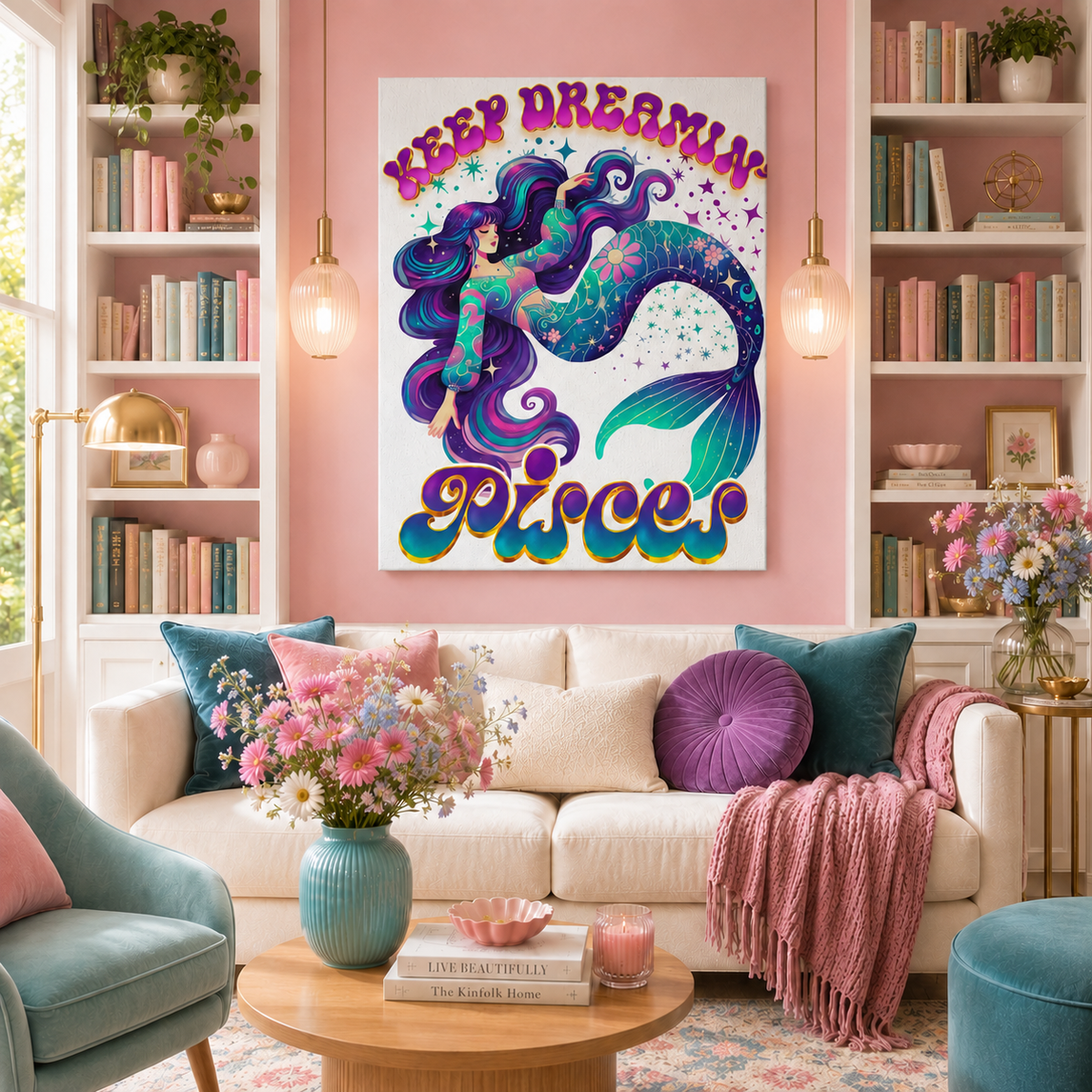 Keep Dreamin’ Pisces Mermaid – Retro Rainbow Zodiac Canvas Wall Art