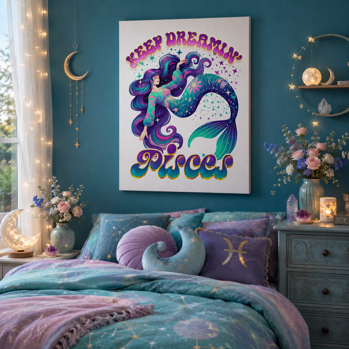 Keep Dreamin’ Pisces Mermaid – Retro Rainbow Zodiac Canvas Wall Art