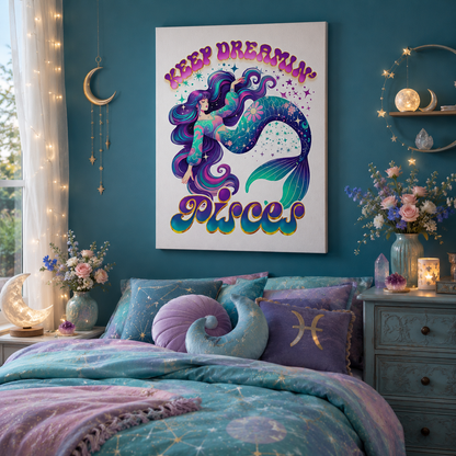 Keep Dreamin’ Pisces Mermaid – Retro Rainbow Zodiac Canvas Wall Art