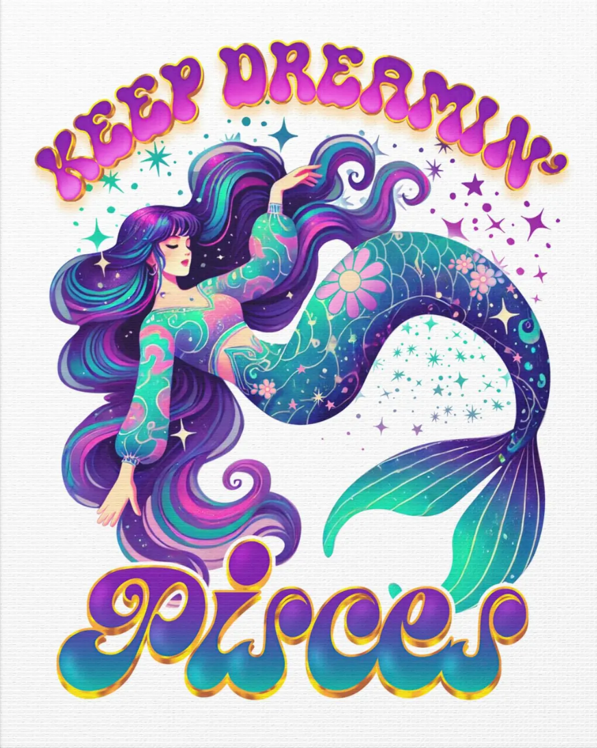 Keep Dreamin’ Pisces Mermaid – Retro Rainbow Zodiac Canvas Wall Art