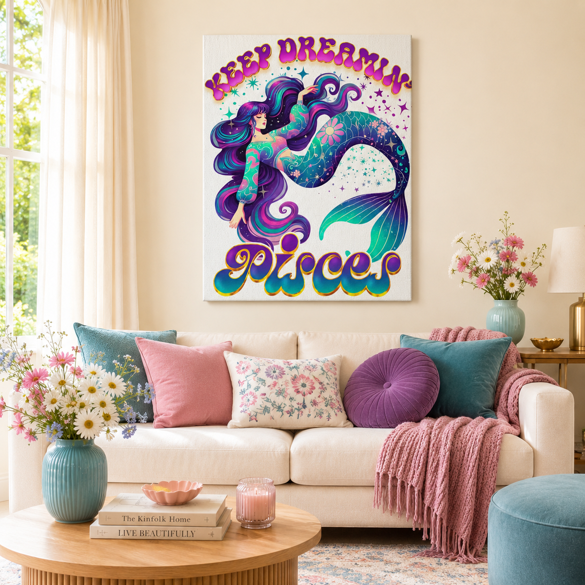 Keep Dreamin’ Pisces Mermaid – Retro Rainbow Zodiac Canvas Wall Art