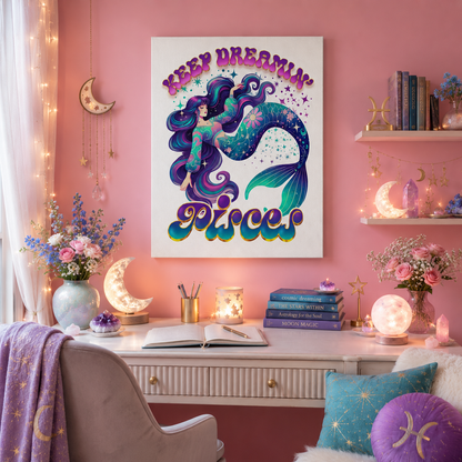 Keep Dreamin’ Pisces Mermaid – Retro Rainbow Zodiac Canvas Wall Art