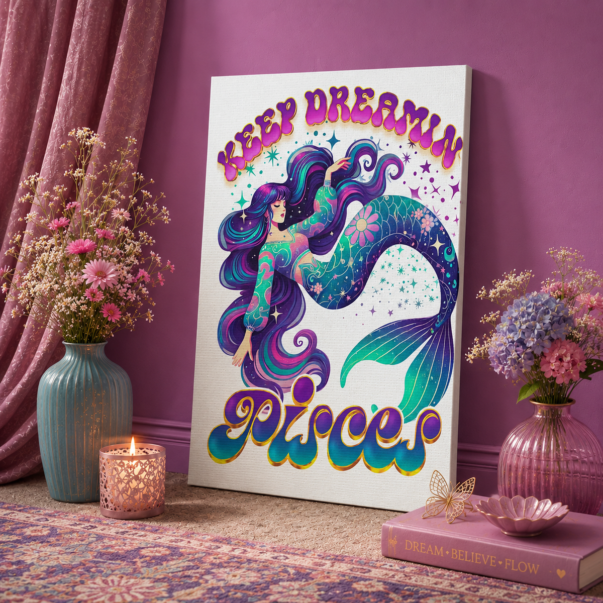 Keep Dreamin’ Pisces Mermaid – Retro Rainbow Zodiac Canvas Wall Art