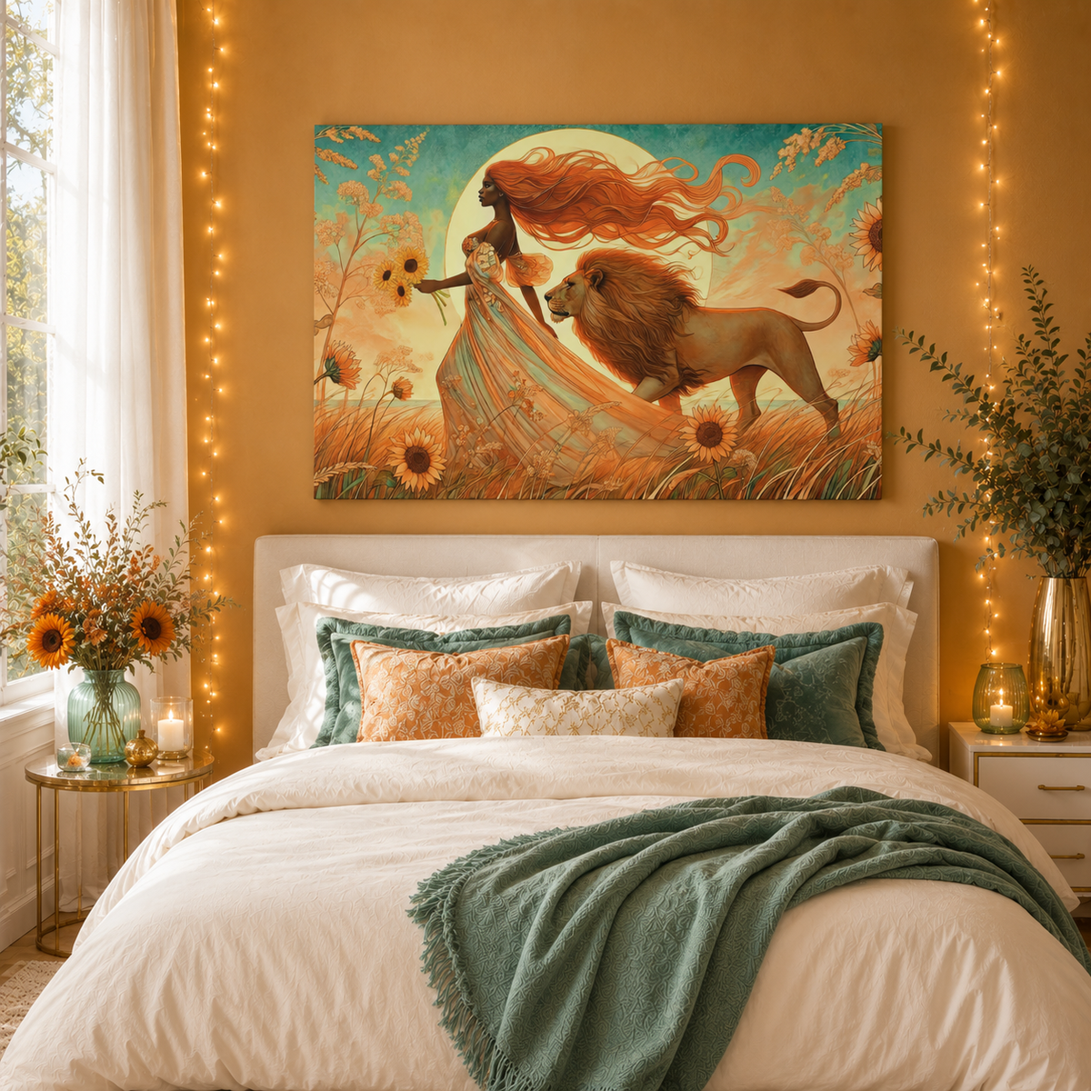 Leo Zodiac Wall Art, Lion Goddess Canvas Print, Astrology Home Decor, Leo Gift for Her, Sunflower Leo Painting, Star Sign Wall Decor