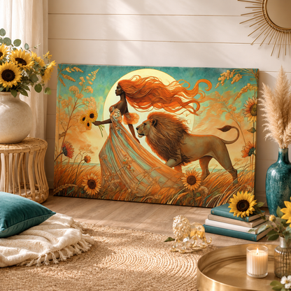 Leo Zodiac Wall Art, Lion Goddess Canvas Print, Astrology Home Decor, Leo Gift for Her, Sunflower Leo Painting, Star Sign Wall Decor