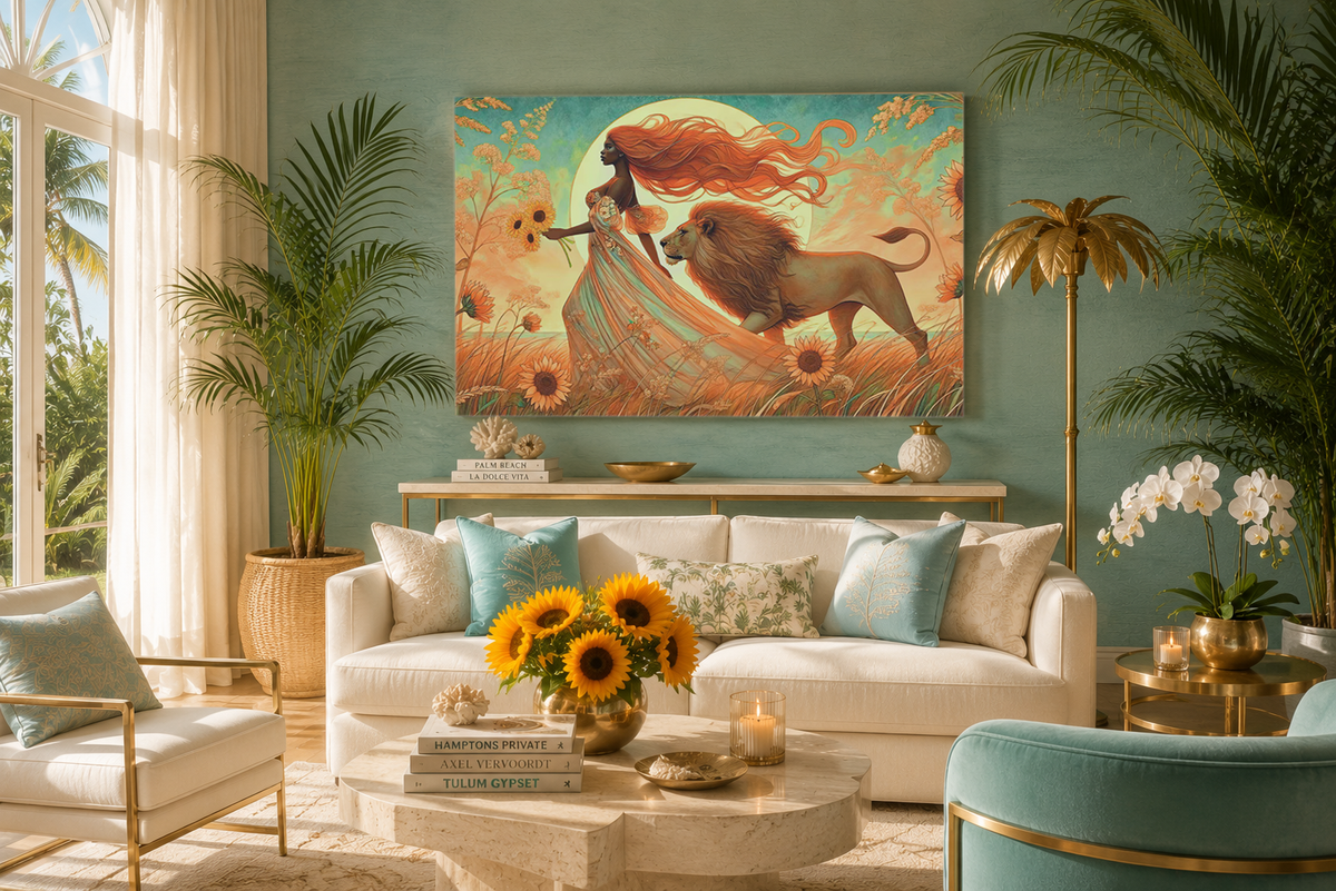 Leo Zodiac Wall Art, Lion Goddess Canvas Print, Astrology Home Decor, Leo Gift for Her, Sunflower Leo Painting, Star Sign Wall Decor