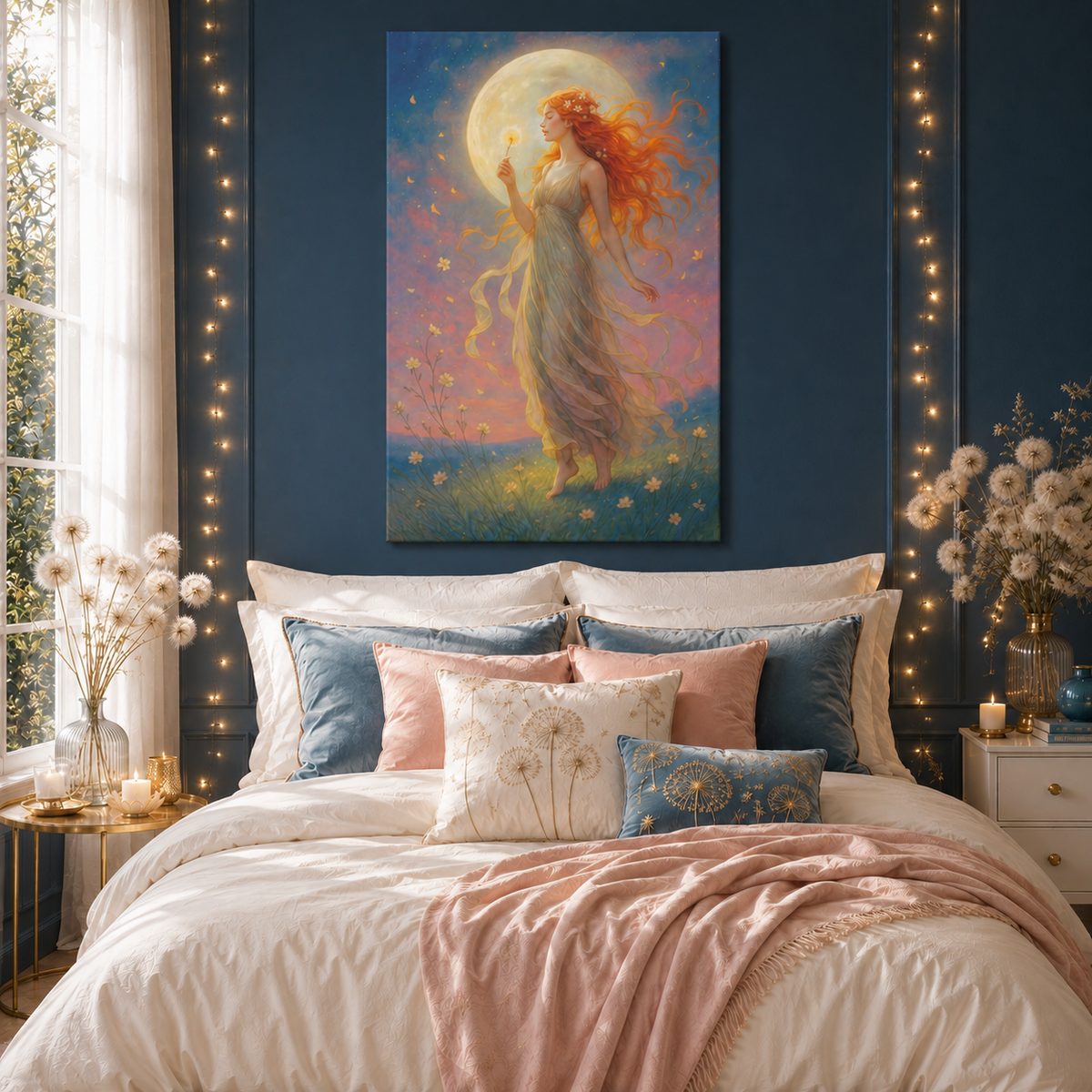 Moonlight Wishes – Luminous Goddess Canvas Wall Art (Art Nouveau Inspired)