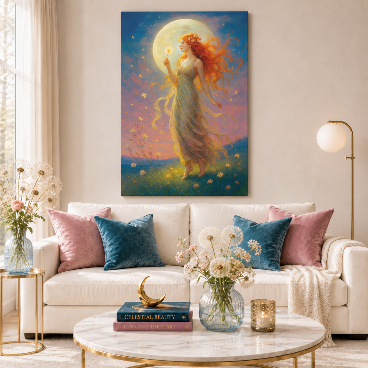 Moonlight Wishes – Luminous Goddess Canvas Wall Art (Art Nouveau Inspired)
