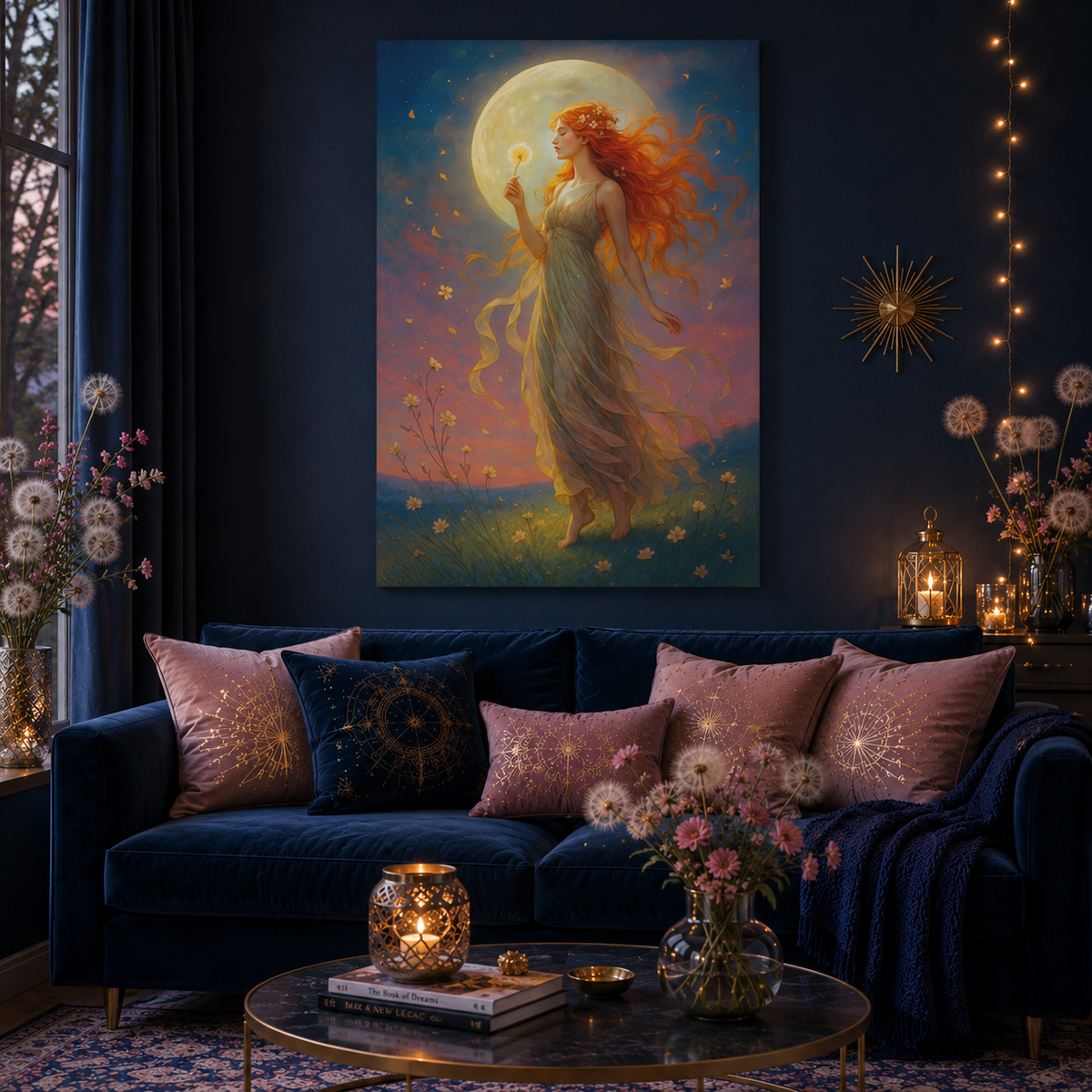 Moonlight Wishes – Luminous Goddess Canvas Wall Art (Art Nouveau Inspired)