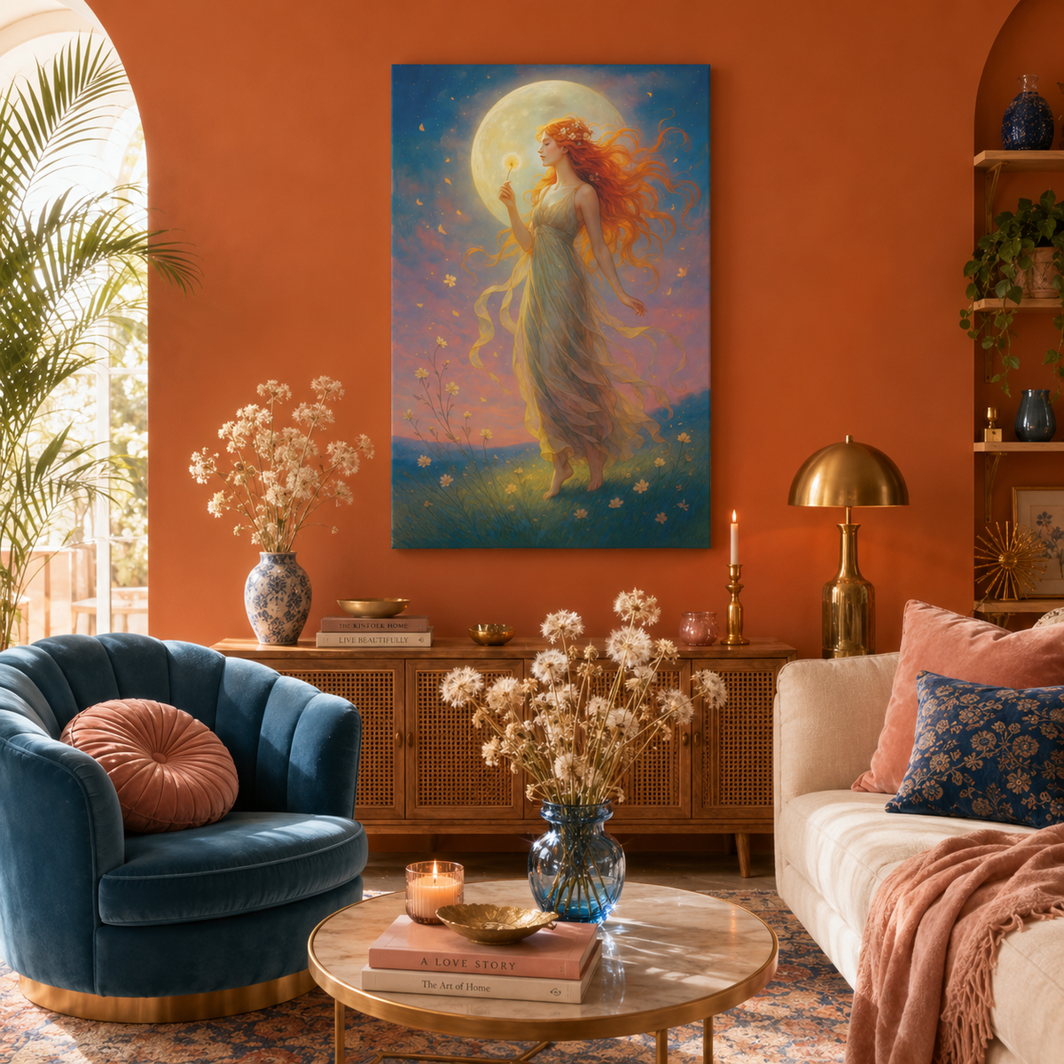 Moonlight Wishes – Luminous Goddess Canvas Wall Art (Art Nouveau Inspired)