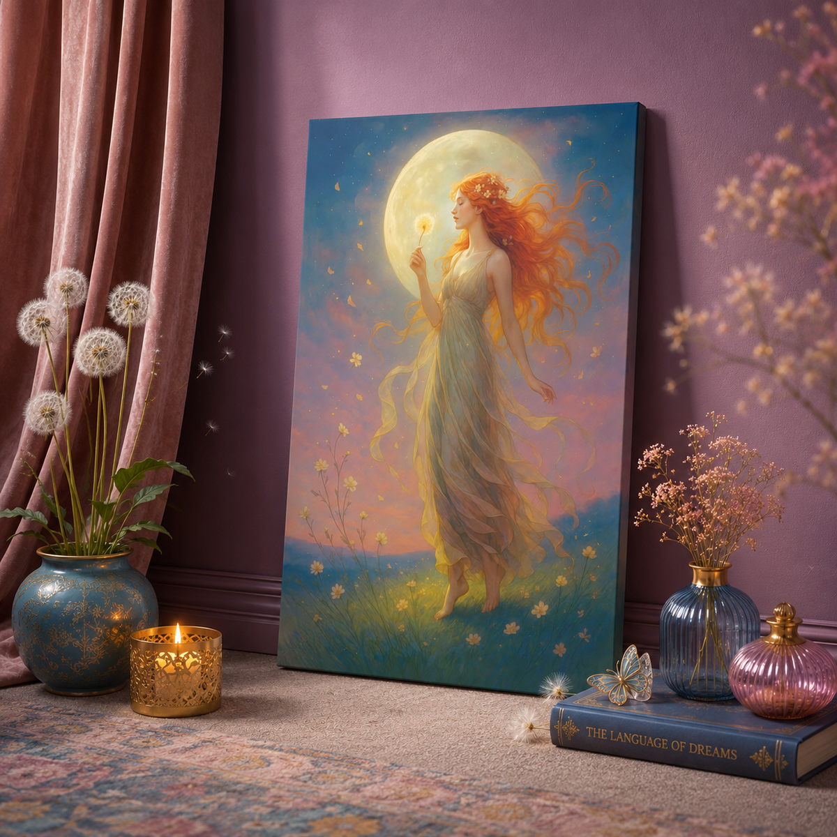 Moonlight Wishes – Luminous Goddess Canvas Wall Art (Art Nouveau Inspired)