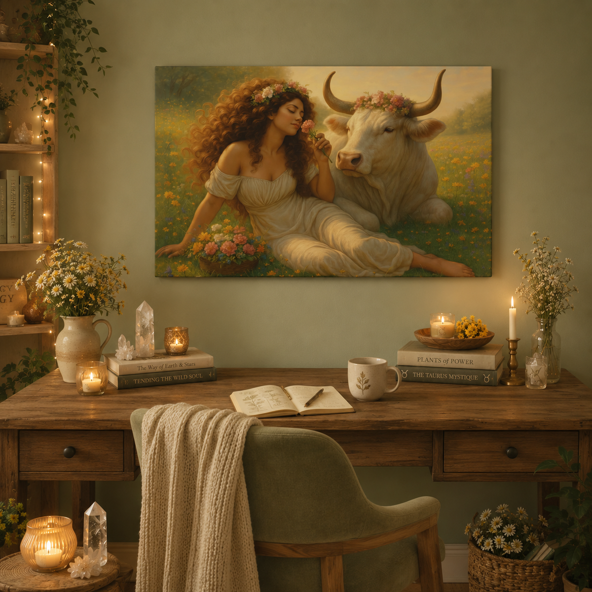 Taurus Zodiac Wall Art, Renaissance Taurus Canvas Print, Astrology Home Decor, Taurus Gift for Her, Celestial Bull Painting, Star Sign Wall Decor