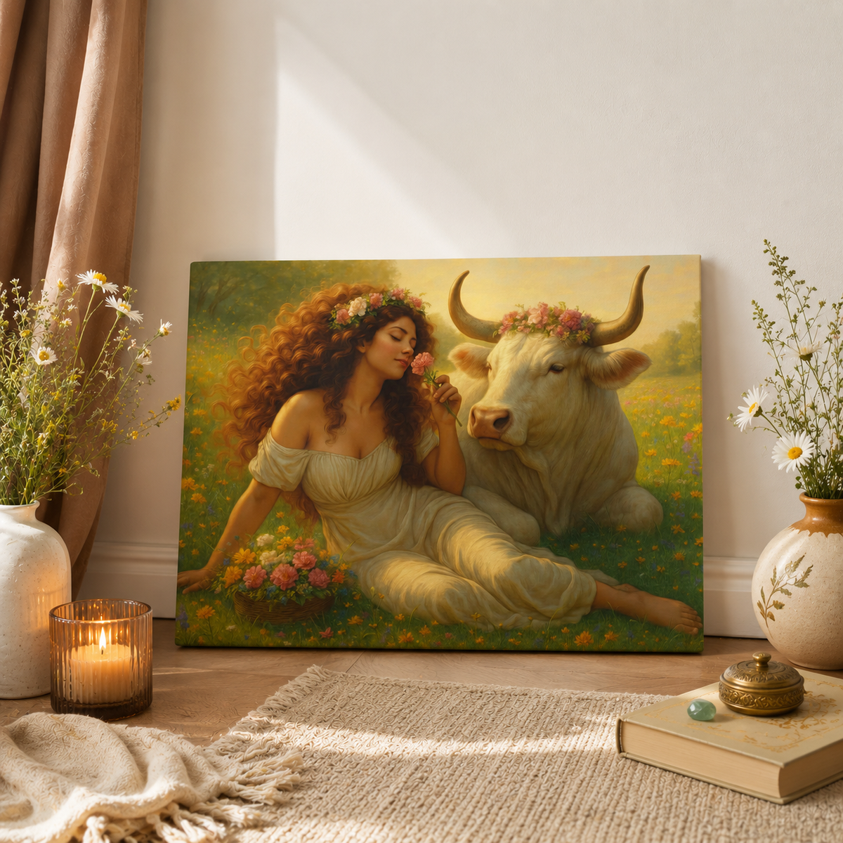 Taurus Zodiac Wall Art, Renaissance Taurus Canvas Print, Astrology Home Decor, Taurus Gift for Her, Celestial Bull Painting, Star Sign Wall Decor