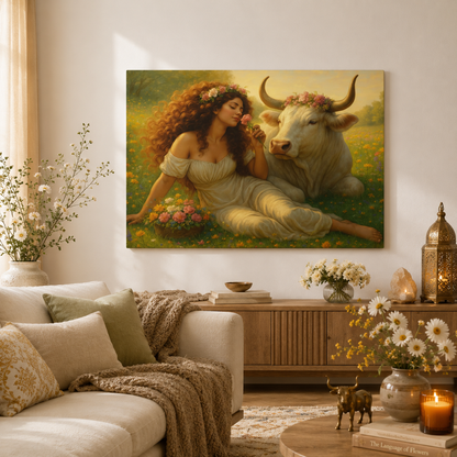 Taurus Zodiac Wall Art, Renaissance Taurus Canvas Print, Astrology Home Decor, Taurus Gift for Her, Celestial Bull Painting, Star Sign Wall Decor