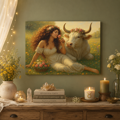 Taurus Zodiac Wall Art, Renaissance Taurus Canvas Print, Astrology Home Decor, Taurus Gift for Her, Celestial Bull Painting, Star Sign Wall Decor