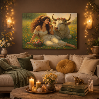 Taurus Zodiac Wall Art, Renaissance Taurus Canvas Print, Astrology Home Decor, Taurus Gift for Her, Celestial Bull Painting, Star Sign Wall Decor