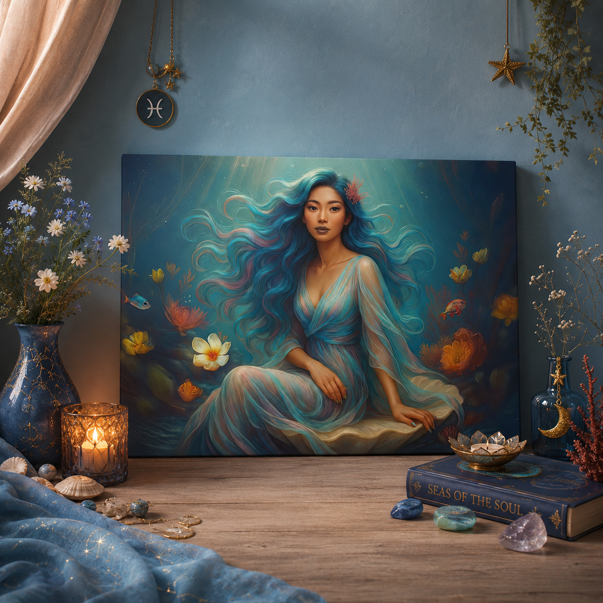 Pisces Zodiac Wall Art, Ocean Goddess Canvas Print, Astrology Home Decor, Pisces Gift for Her, Underwater Fantasy Painting, Star Sign Wall Decor