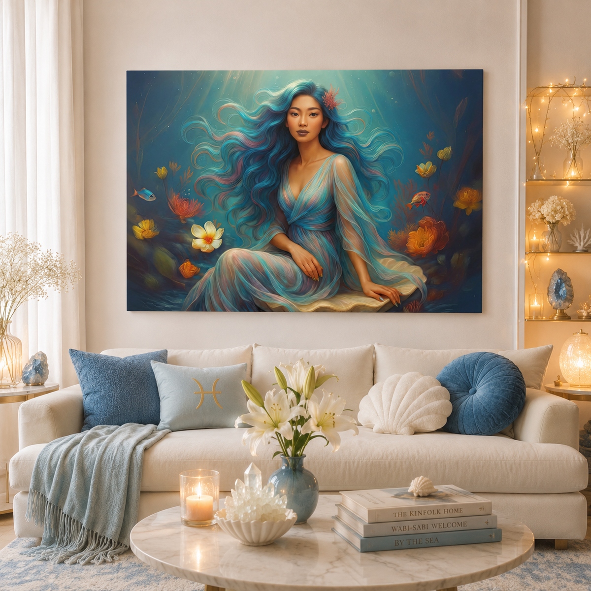 Pisces Zodiac Wall Art, Ocean Goddess Canvas Print, Astrology Home Decor, Pisces Gift for Her, Underwater Fantasy Painting, Star Sign Wall Decor