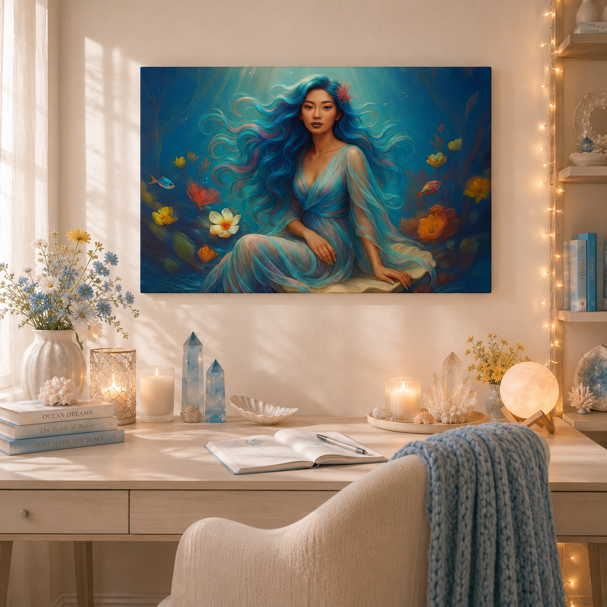 Pisces Zodiac Wall Art, Ocean Goddess Canvas Print, Astrology Home Decor, Pisces Gift for Her, Underwater Fantasy Painting, Star Sign Wall Decor