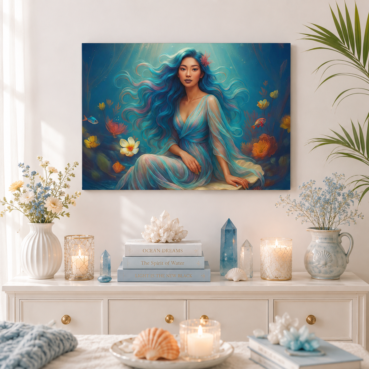 Pisces Zodiac Wall Art, Ocean Goddess Canvas Print, Astrology Home Decor, Pisces Gift for Her, Underwater Fantasy Painting, Star Sign Wall Decor
