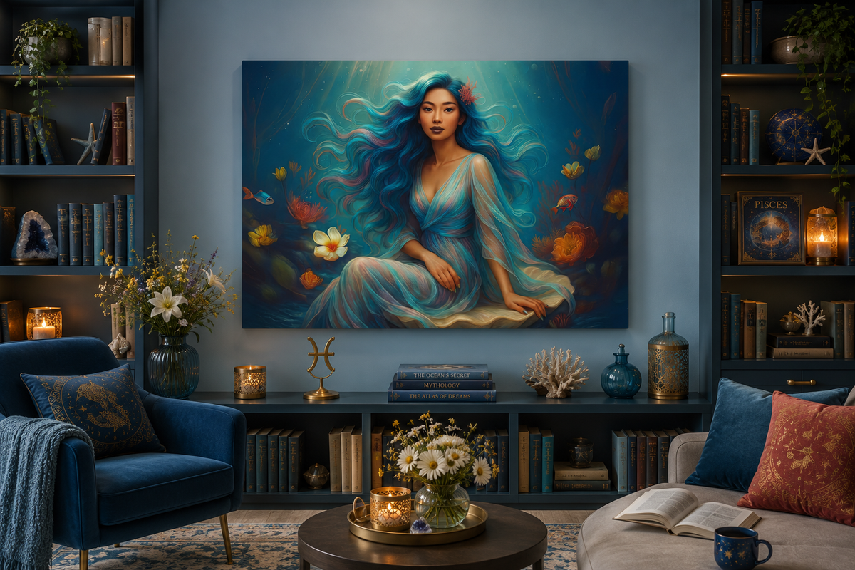 Pisces Zodiac Wall Art, Ocean Goddess Canvas Print, Astrology Home Decor, Pisces Gift for Her, Underwater Fantasy Painting, Star Sign Wall Decor