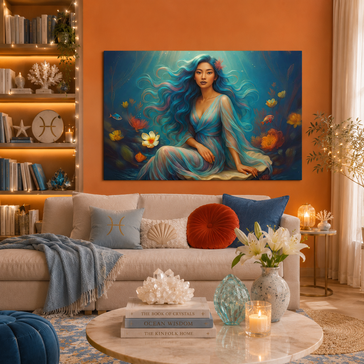 Pisces Zodiac Wall Art, Ocean Goddess Canvas Print, Astrology Home Decor, Pisces Gift for Her, Underwater Fantasy Painting, Star Sign Wall Decor