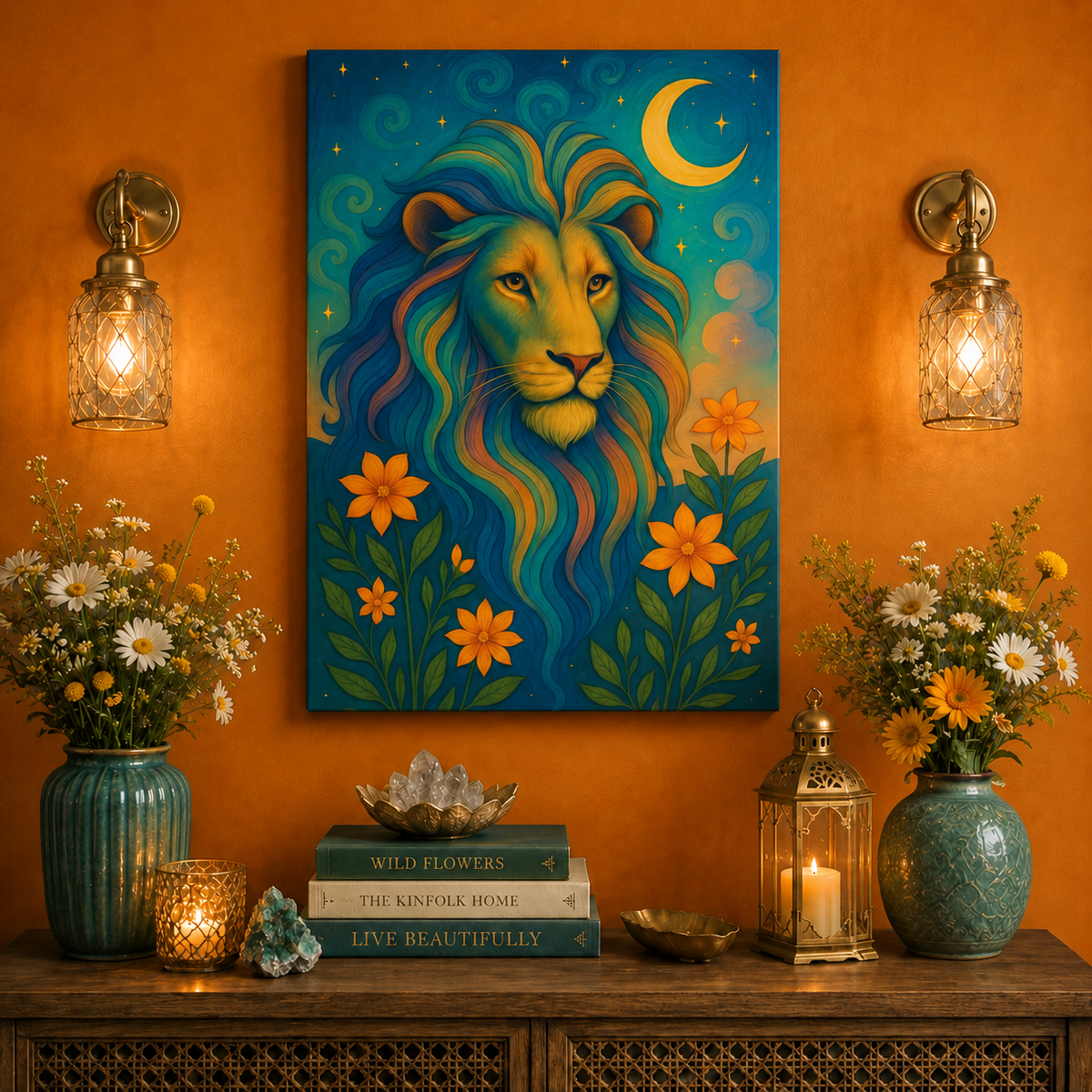 Starlit Lion – Regal Radiance Canvas Wall Art (Leo Inspired)