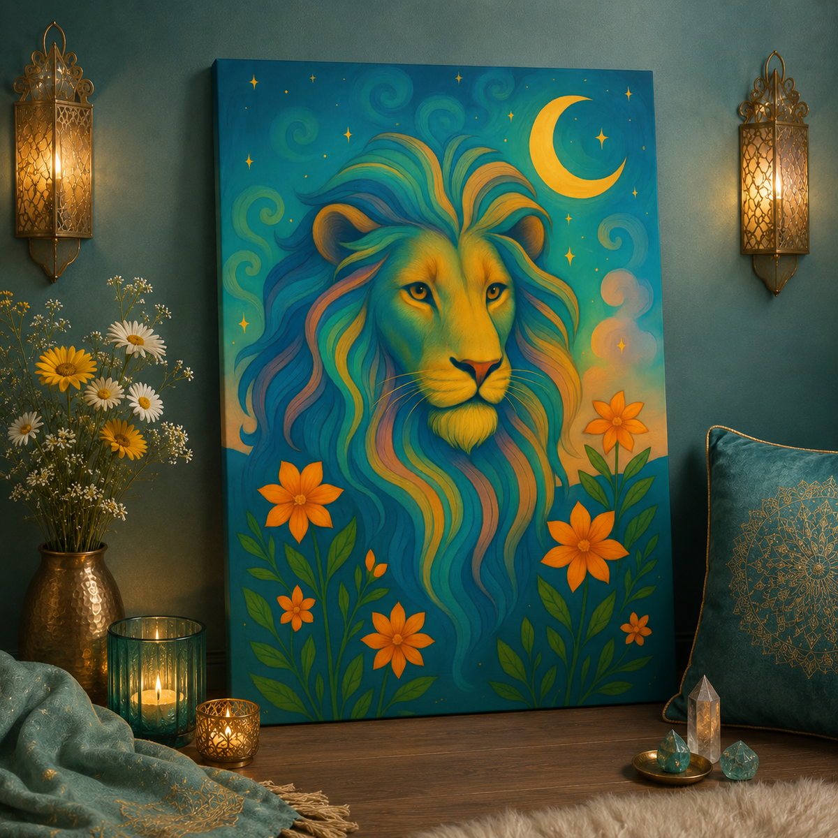 Starlit Lion – Regal Radiance Canvas Wall Art (Leo Inspired)