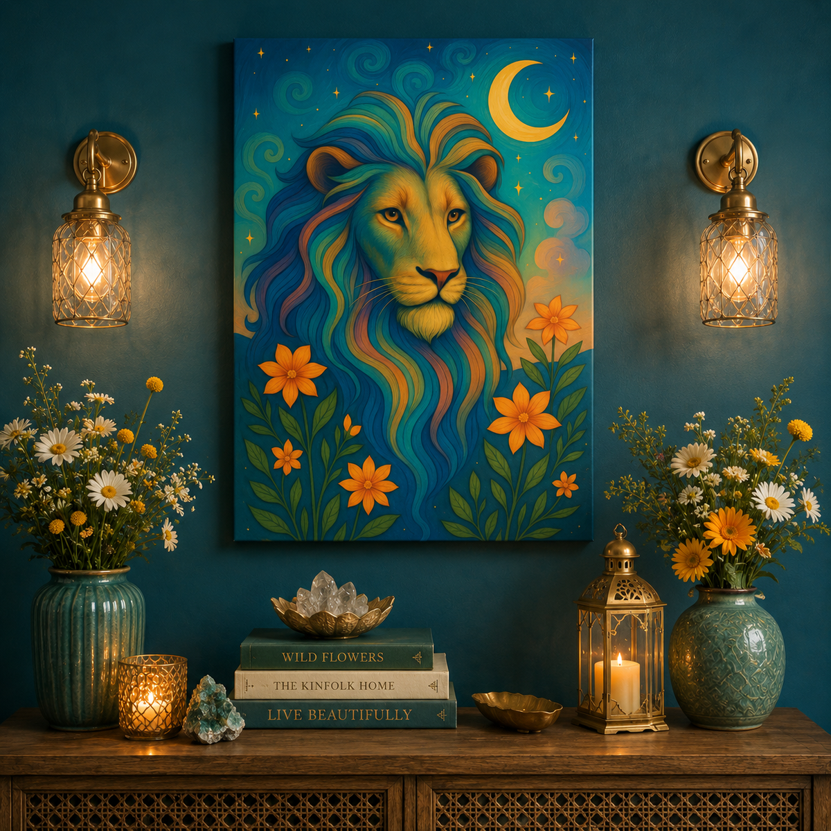 Starlit Lion – Regal Radiance Canvas Wall Art (Leo Inspired)