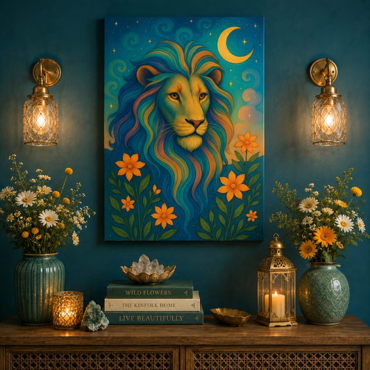 Starlit Lion – Regal Radiance Canvas Wall Art (Leo Inspired)
