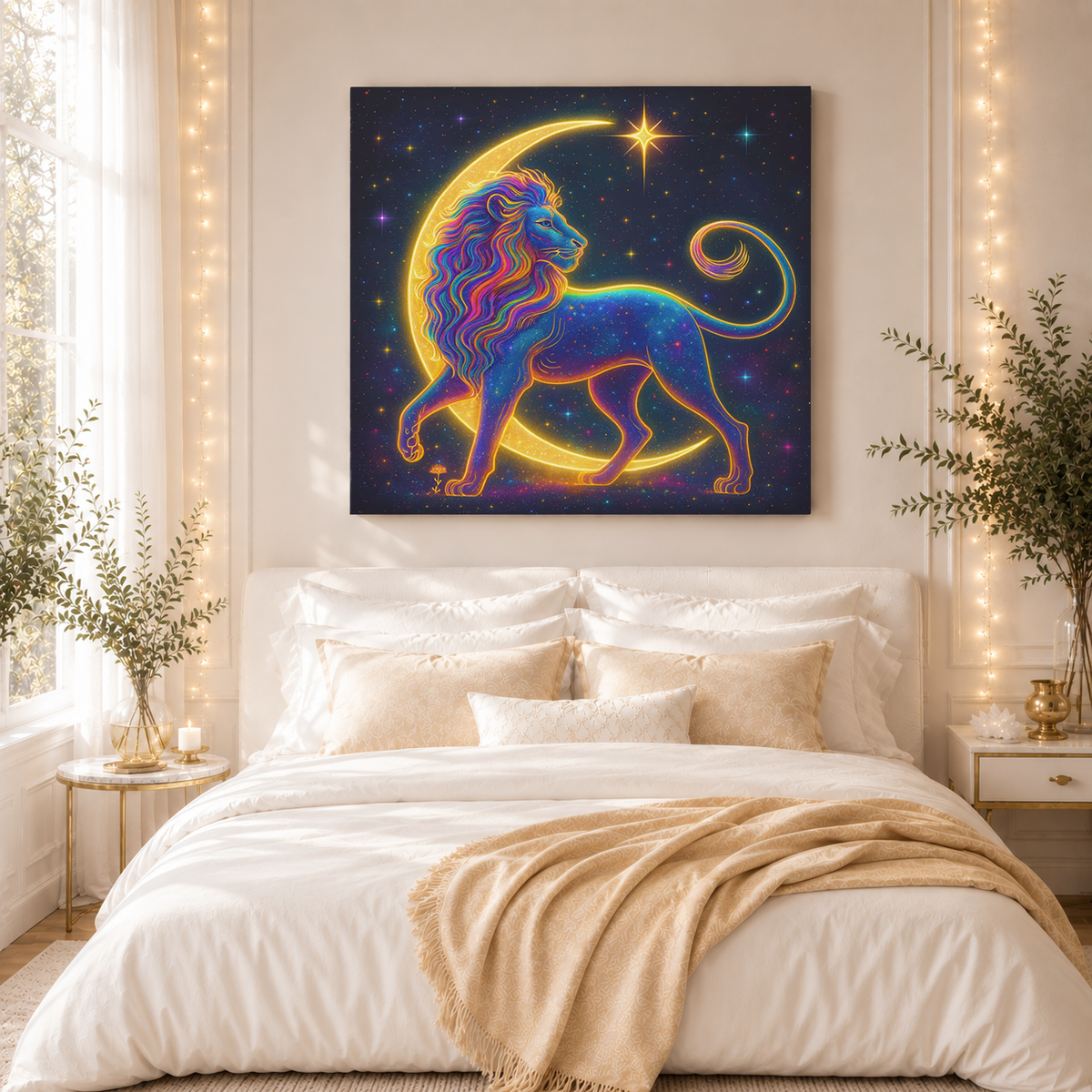 Radiant Rainbow Lion – Celestial Canvas Wall Art (Leo Inspired)