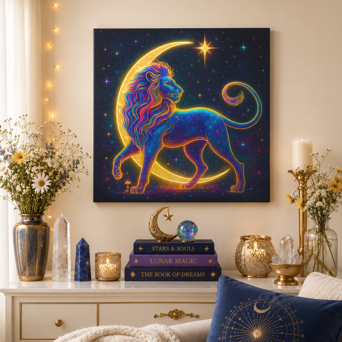 Radiant Rainbow Lion – Celestial Canvas Wall Art (Leo Inspired)