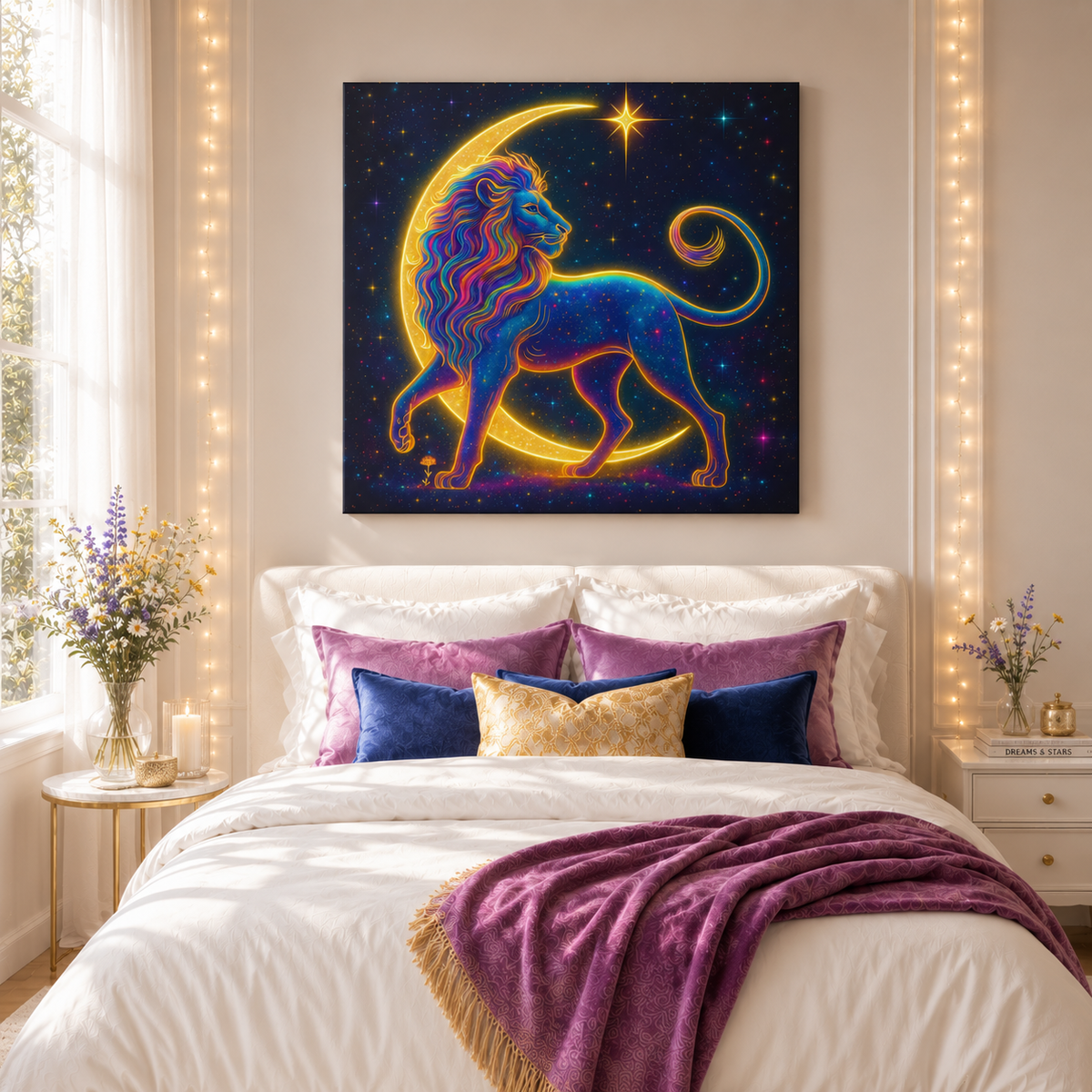 Radiant Rainbow Lion – Celestial Canvas Wall Art (Leo Inspired)