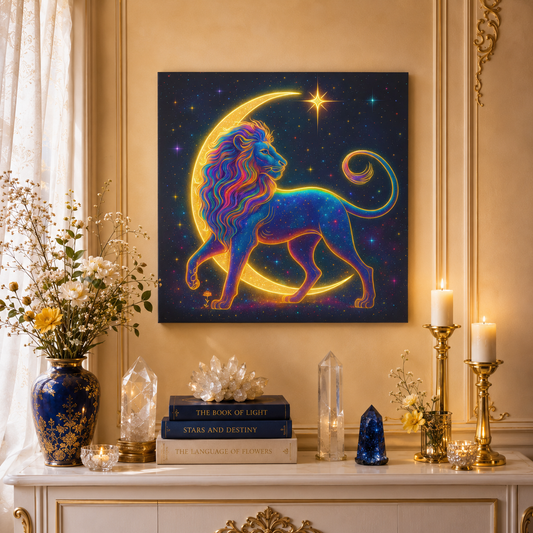 Radiant Rainbow Lion – Celestial Canvas Wall Art (Leo Inspired)