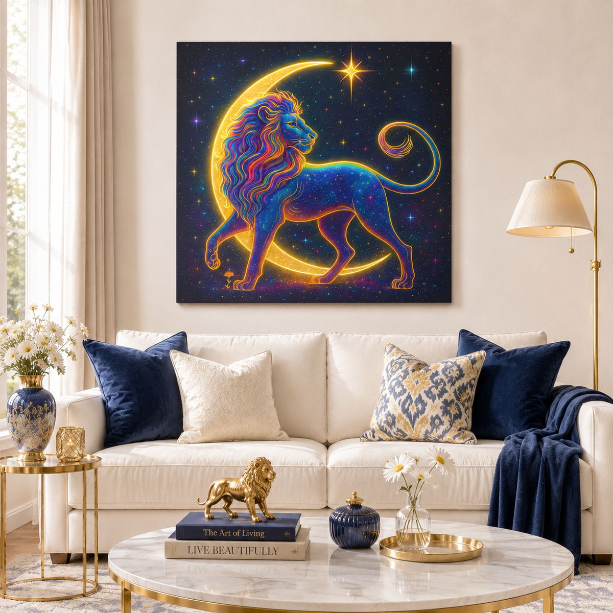 Radiant Rainbow Lion – Celestial Canvas Wall Art (Leo Inspired)
