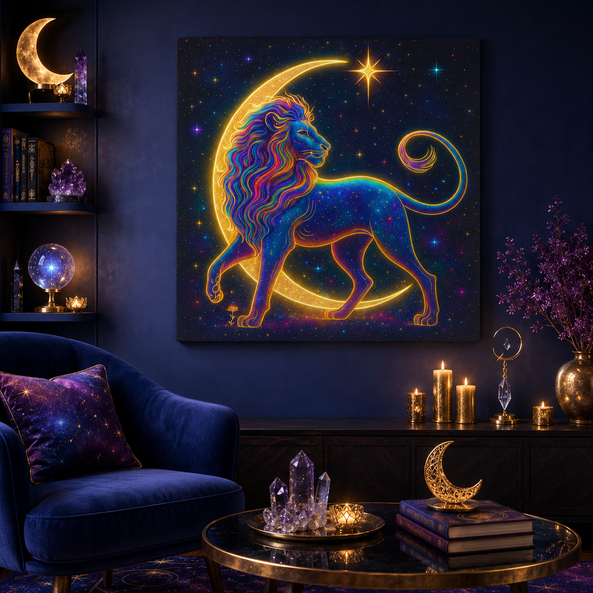 Radiant Rainbow Lion – Celestial Canvas Wall Art (Leo Inspired)