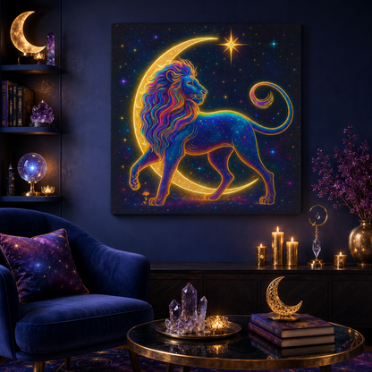 Radiant Rainbow Lion – Celestial Canvas Wall Art (Leo Inspired)